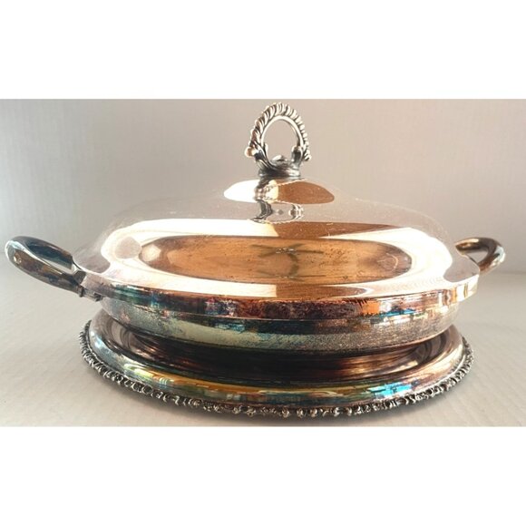 Antique Simpson Hall Miller 3pc Silverplate Dish w/ Lid & Base, Patina - Picture 1 of 8